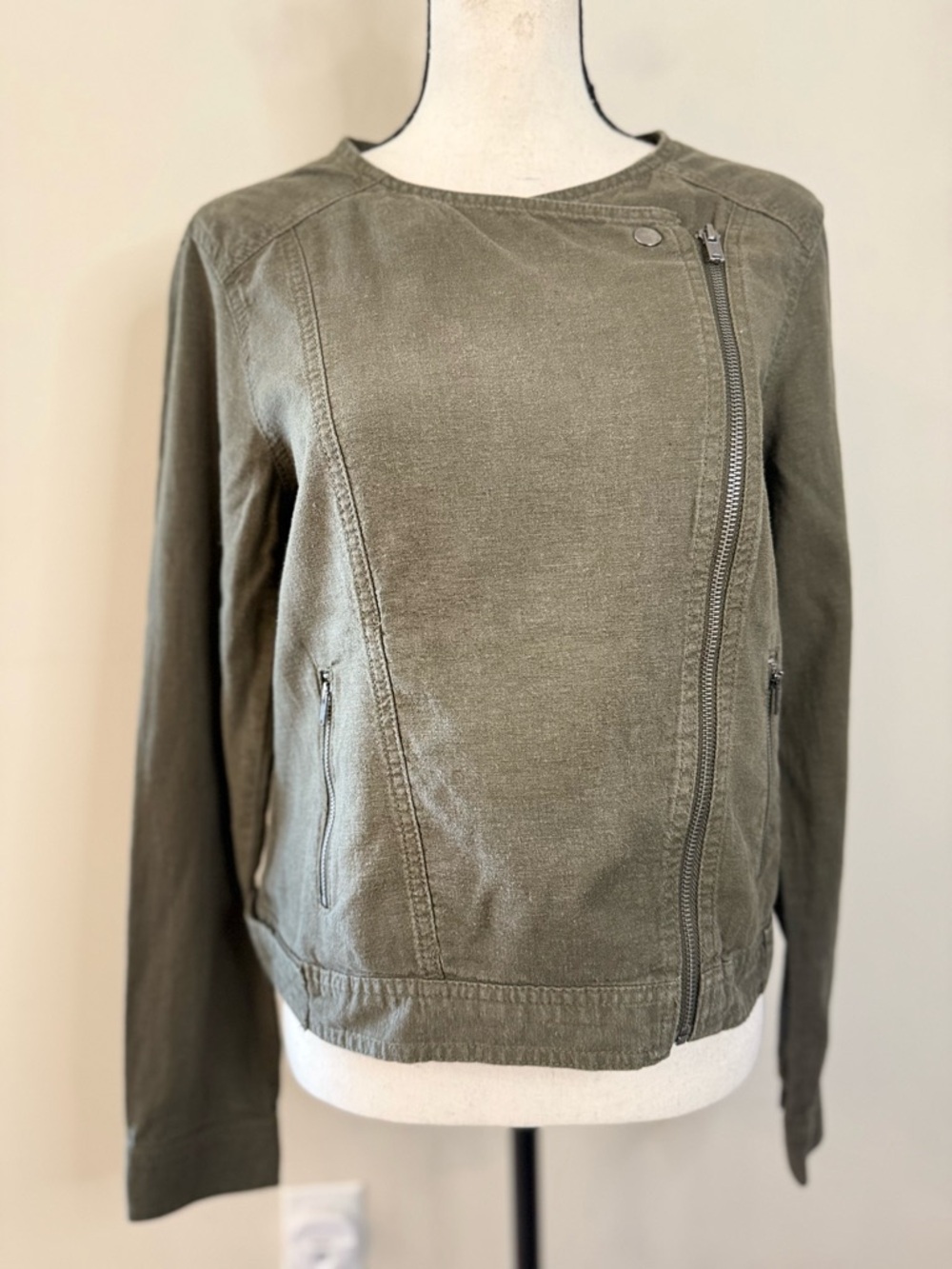 Gap army green linen viscose lightweight moto jacket SZ SM